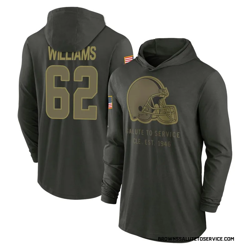 Men's Bucky Williams Cleveland Browns Green Forest/ 2025 Salute to Service Sideline Lightweight Hooded Pullover Long Sleeve T-Sh