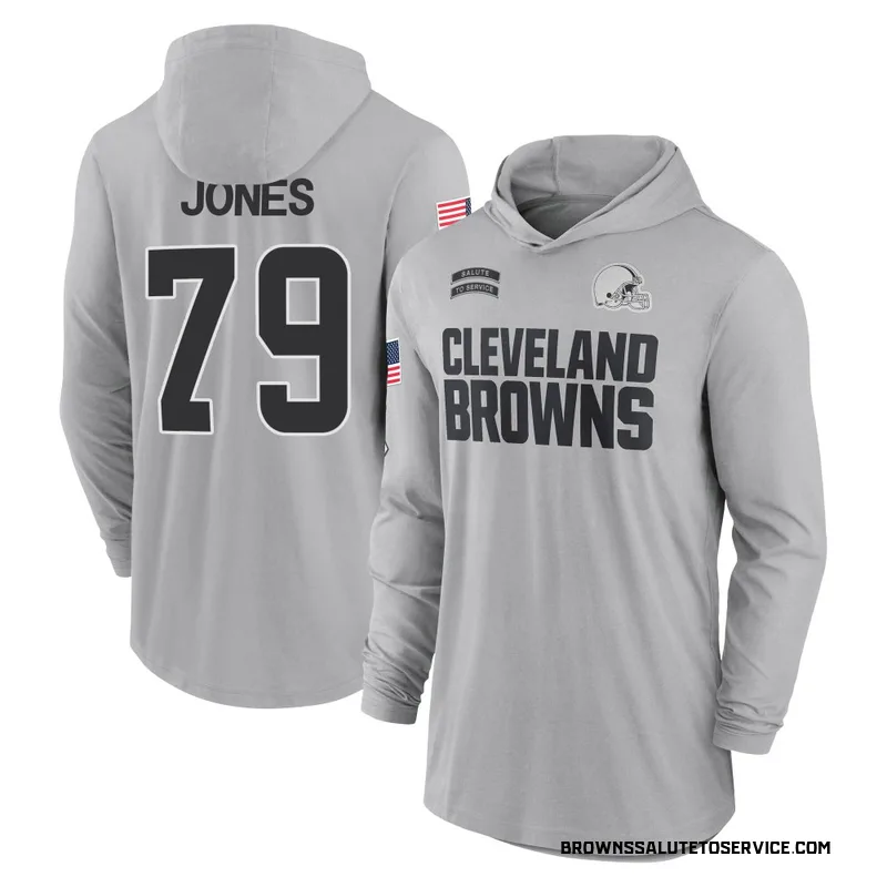 Men's Dawand Jones Cleveland Browns Gray 2024 Salute to Service Lightweight Performance Long Sleeve Hooded T-Shirt