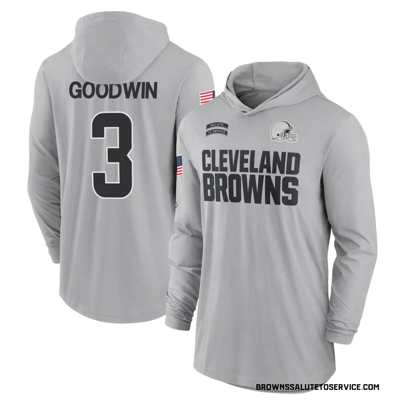 Men's Marquise Goodwin Cleveland Browns Gray 2024 Salute to Service Lightweight Performance Long Sleeve Hooded T-Shirt