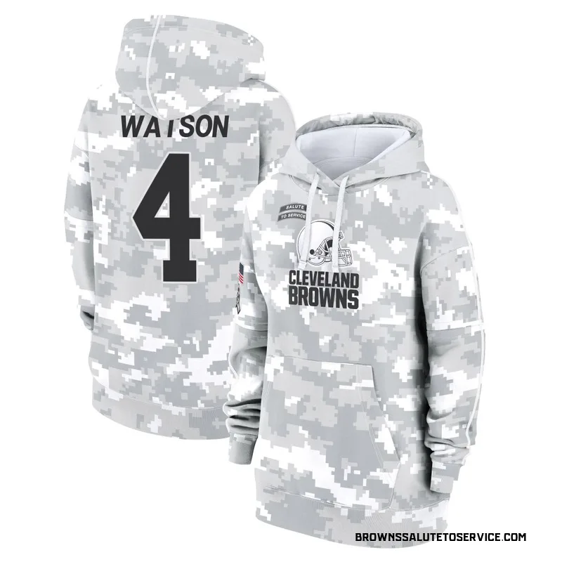 Women's Deshaun Watson Cleveland Browns Camo Arctic 2024 Salute to Service Club Fleece Pullover Hoodie