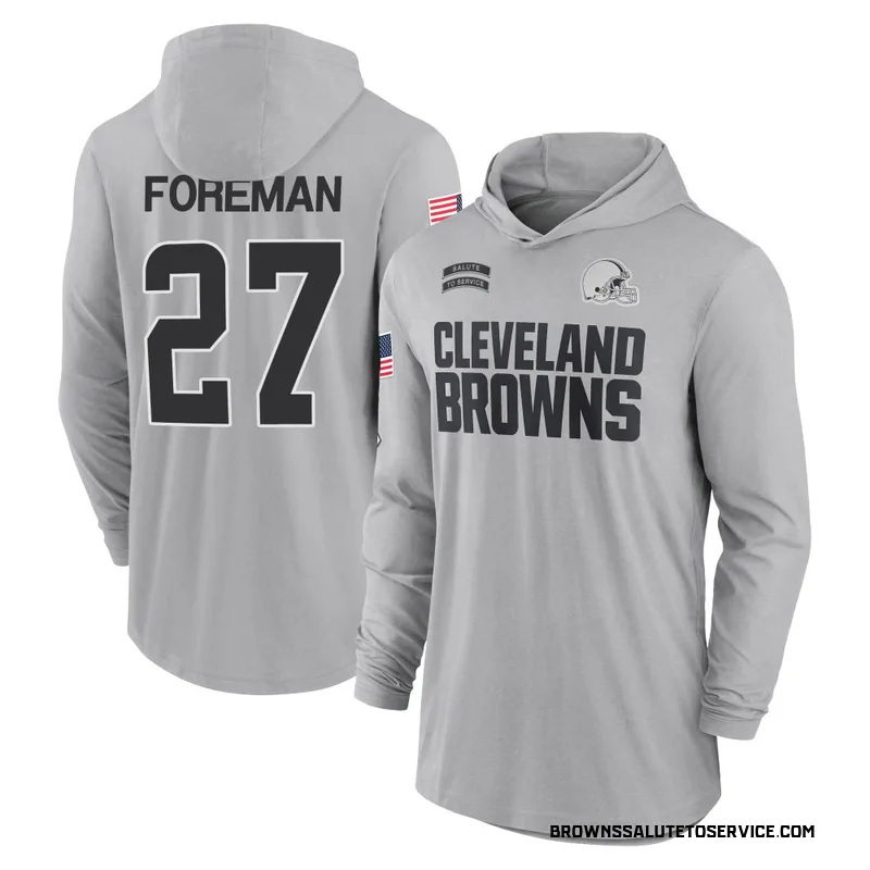 Youth D'Onta Foreman Cleveland Browns Gray 2024 Salute to Service Lightweight Performance Long Sleeve Hooded T-Shirt