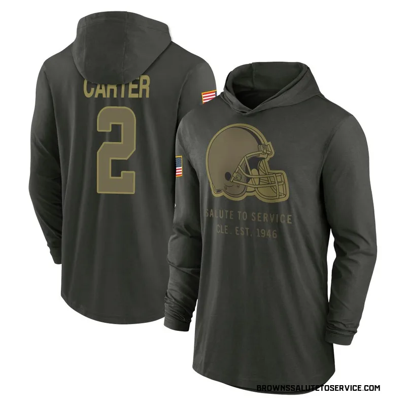 Youth DeAndre Carter Cleveland Browns Green Forest/ 2025 Salute to Service Sideline Lightweight Hooded Pullover Long Sleeve T-Sh