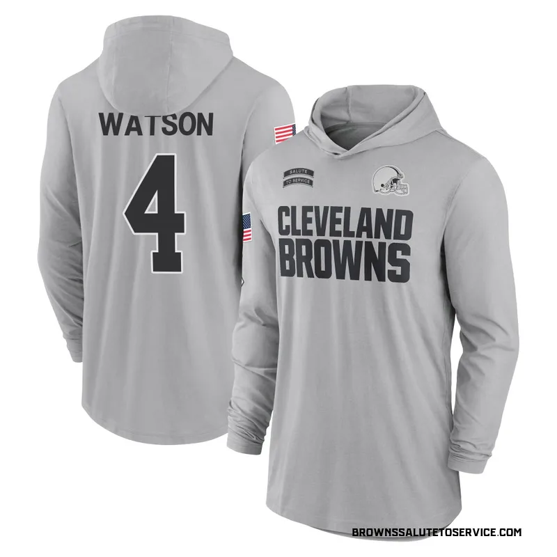 Youth Deshaun Watson Cleveland Browns Gray 2024 Salute to Service Lightweight Performance Long Sleeve Hooded T-Shirt