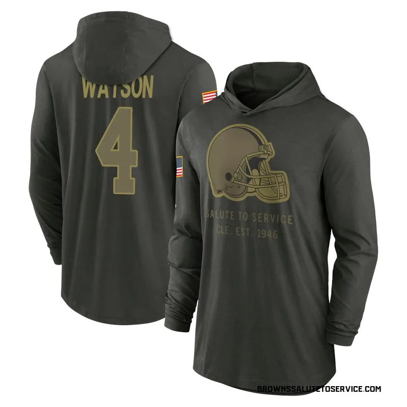 Youth Deshaun Watson Cleveland Browns Green Forest/ 2025 Salute to Service Sideline Lightweight Hooded Pullover Long Sleeve T-Sh
