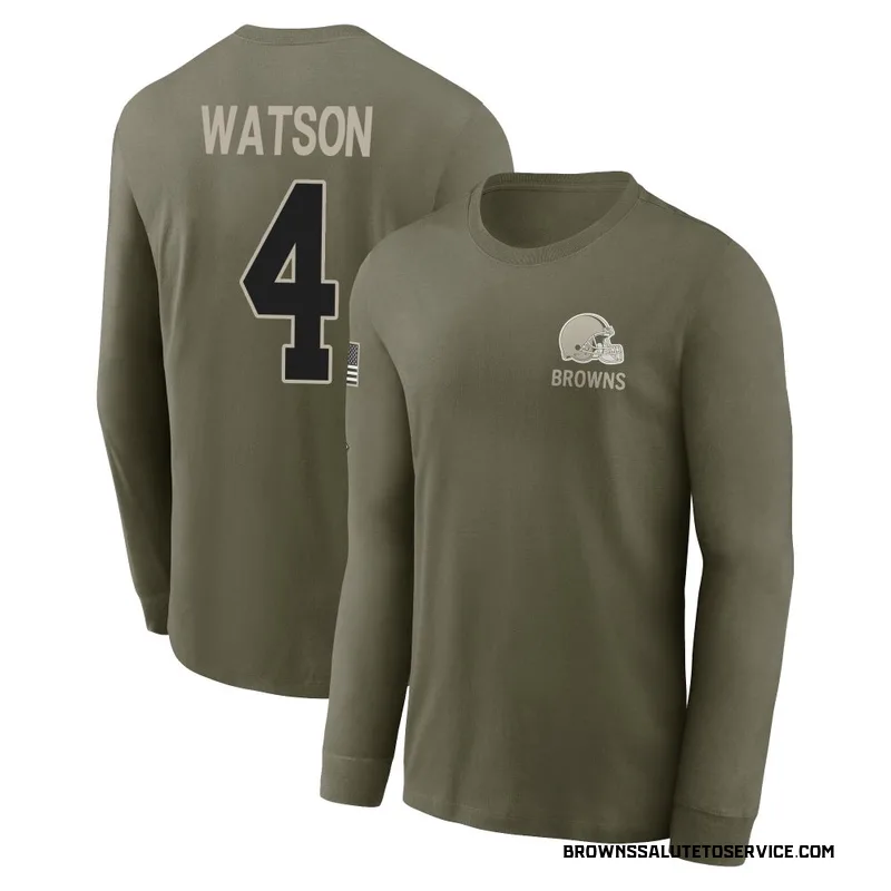 Youth Deshaun Watson Cleveland Browns Olive 2025 Salute to Service Sideline Long Sleeve T-Shirt