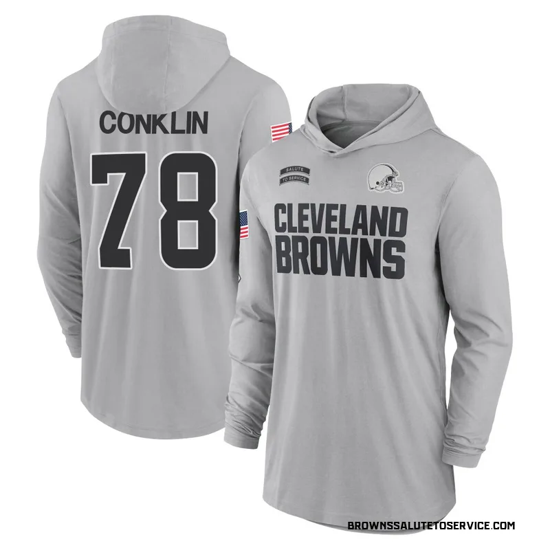 Youth Jack Conklin Cleveland Browns Gray 2024 Salute to Service Lightweight Performance Long Sleeve Hooded T-Shirt