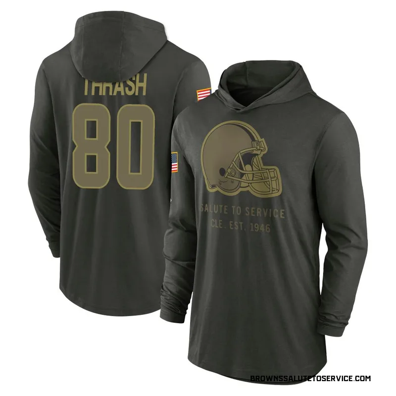 Youth Jamari Thrash Cleveland Browns Green Forest/ 2025 Salute to Service Sideline Lightweight Hooded Pullover Long Sleeve T-Shi