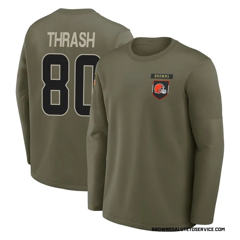 Youth Jamari Thrash Cleveland Browns Olive 2025 Salute to Service Sideline Coaches Long Sleeve T-Shirt