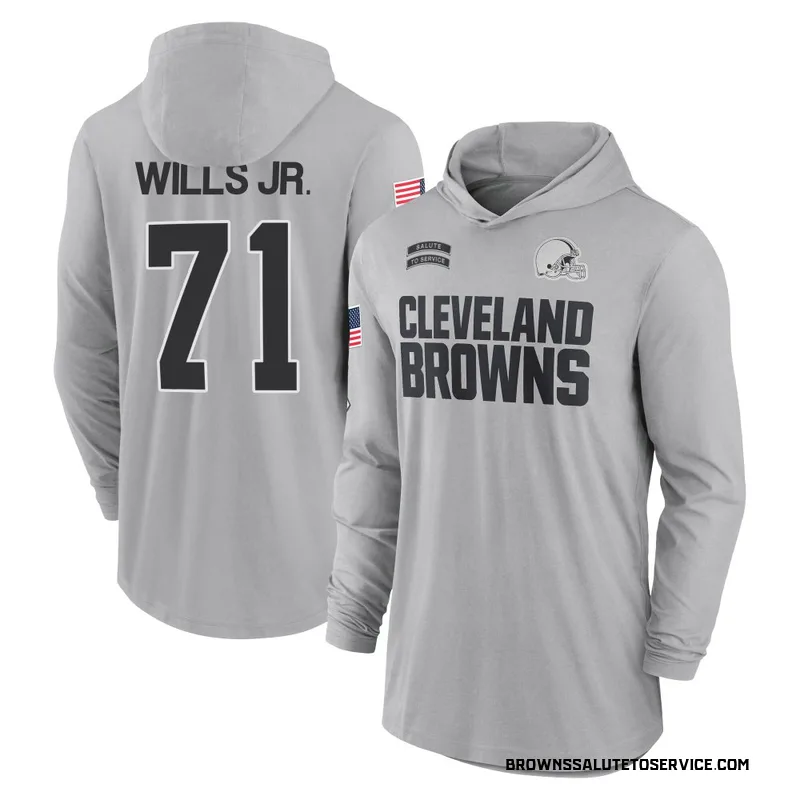 Youth Jedrick Wills Jr. Cleveland Browns Gray 2024 Salute to Service Lightweight Performance Long Sleeve Hooded T-Shirt